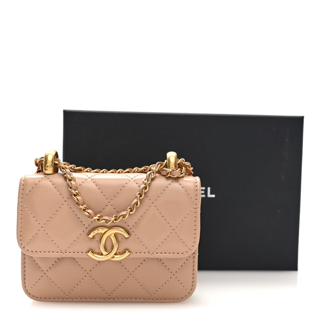 Calfskin Quilted Perfect Fit Coin Purse With Chain Beige