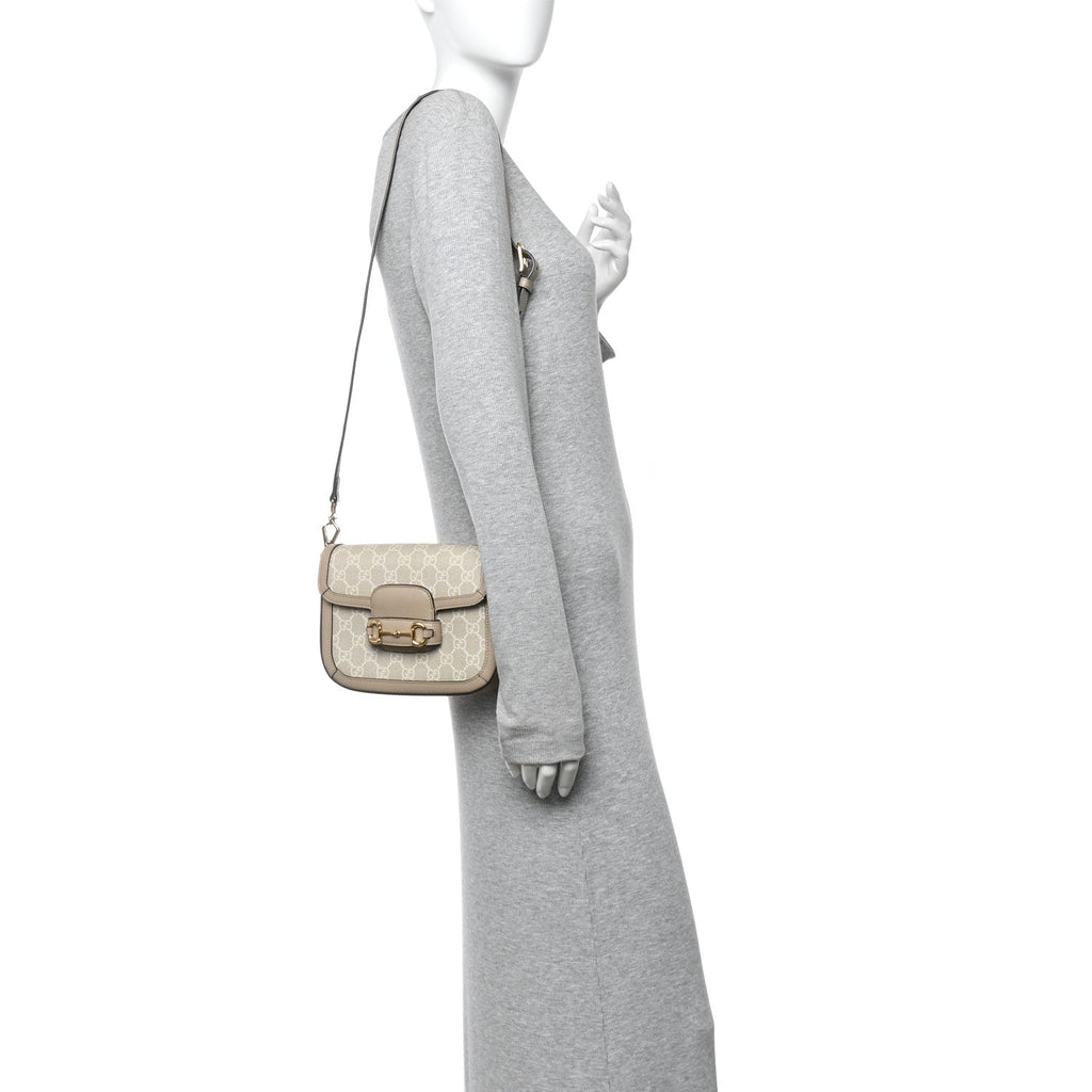 GG Supreme Monogram Textured Dollar Calfskin Web Mini Horsebit 1955 Shoulder Bag Beige Mystic White Oatmeal