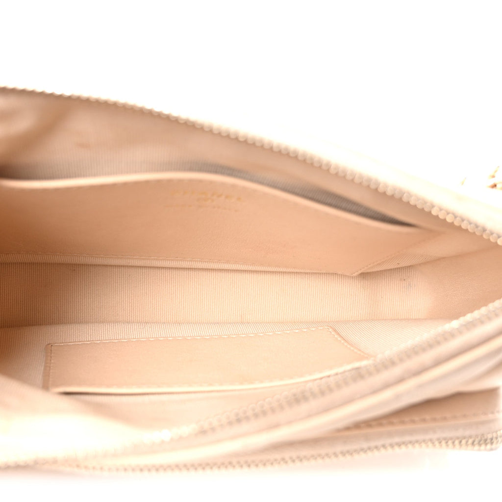 Shiny Crumpled Lambskin Quilted Small Preppy Pocket Clutch With Chain Beige