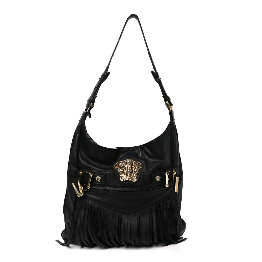 Calfskin Palazzo Fringe Shoulder Bag Black