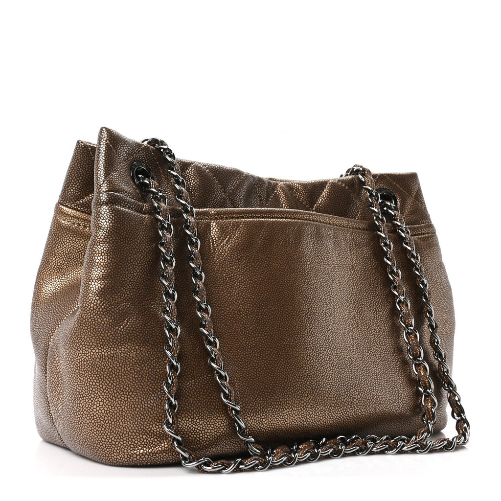Metallic Caviar Quilted Large Timeless CC Soft Tote Bronze