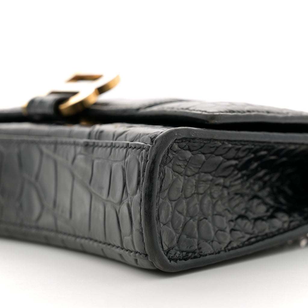 Shiny Calfskin Crocodile Embossed Hourglass Chain Bag Black