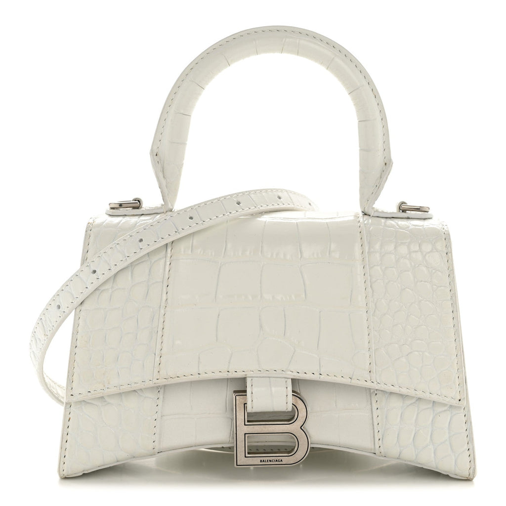 Shiny Calfskin Crocodile Embossed Hourglass Top Handle Bag XS White