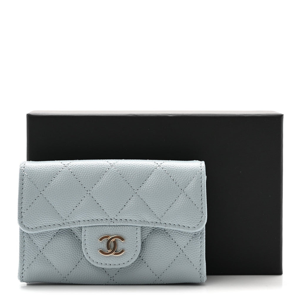 Caviar Quilted Flap  Holder Wallet Light Blue