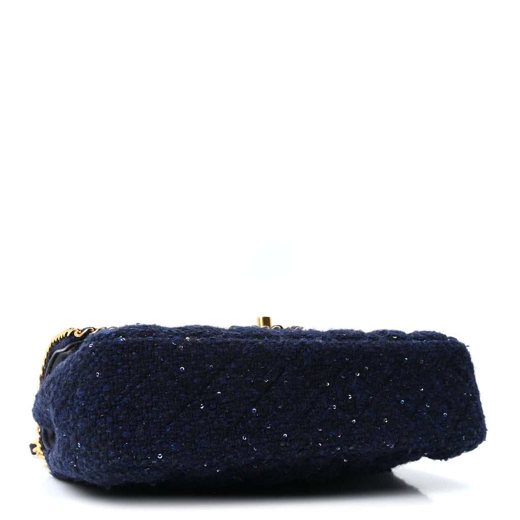Tweed Sequin Timeless Classic Chained Double Flap Navy Blue