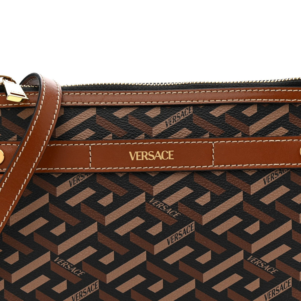 Coated Canvas Medium La Greca Signature Pouch Black Caramel