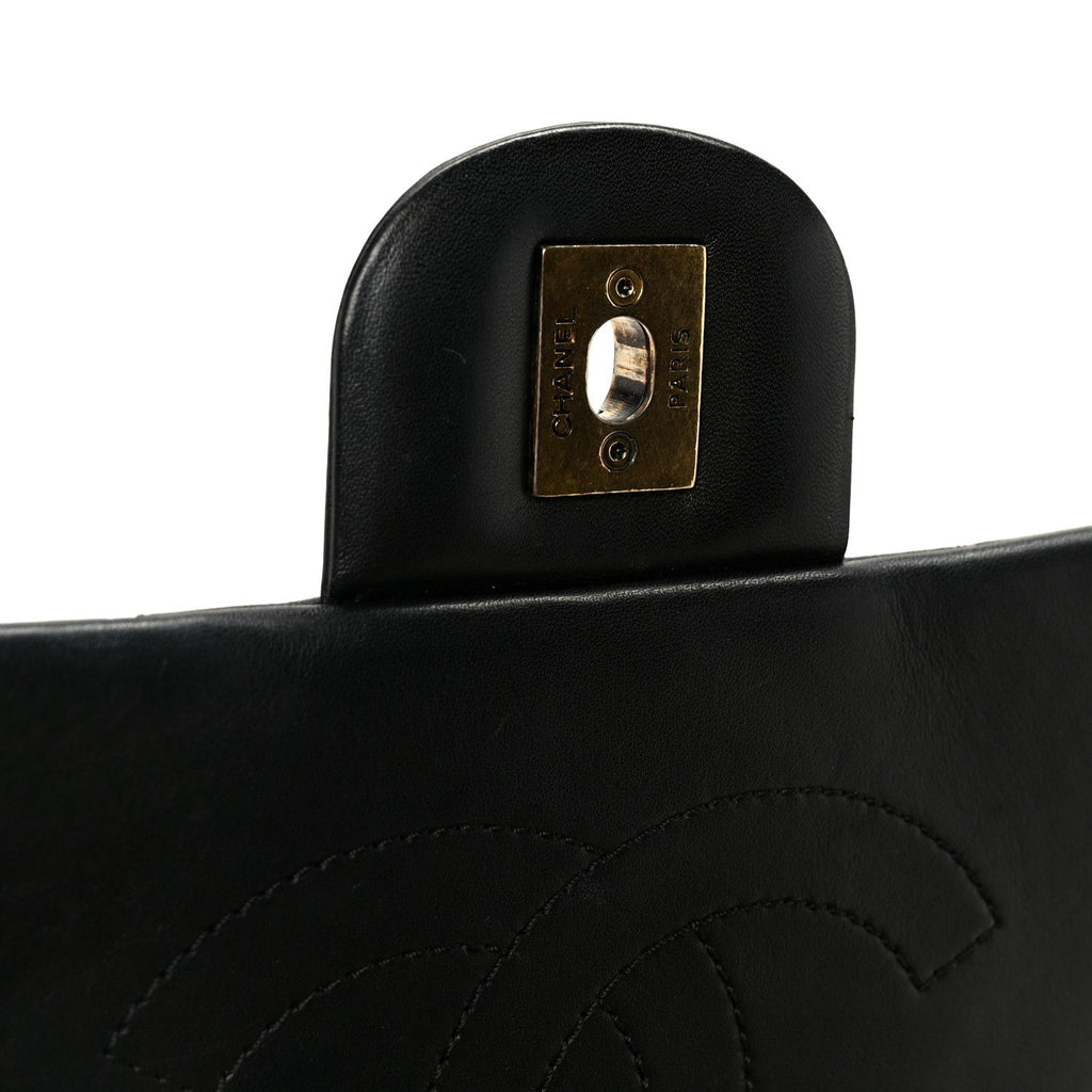Glazed Calfskin Quilted Large Gold Bar Top Handle Flap Black