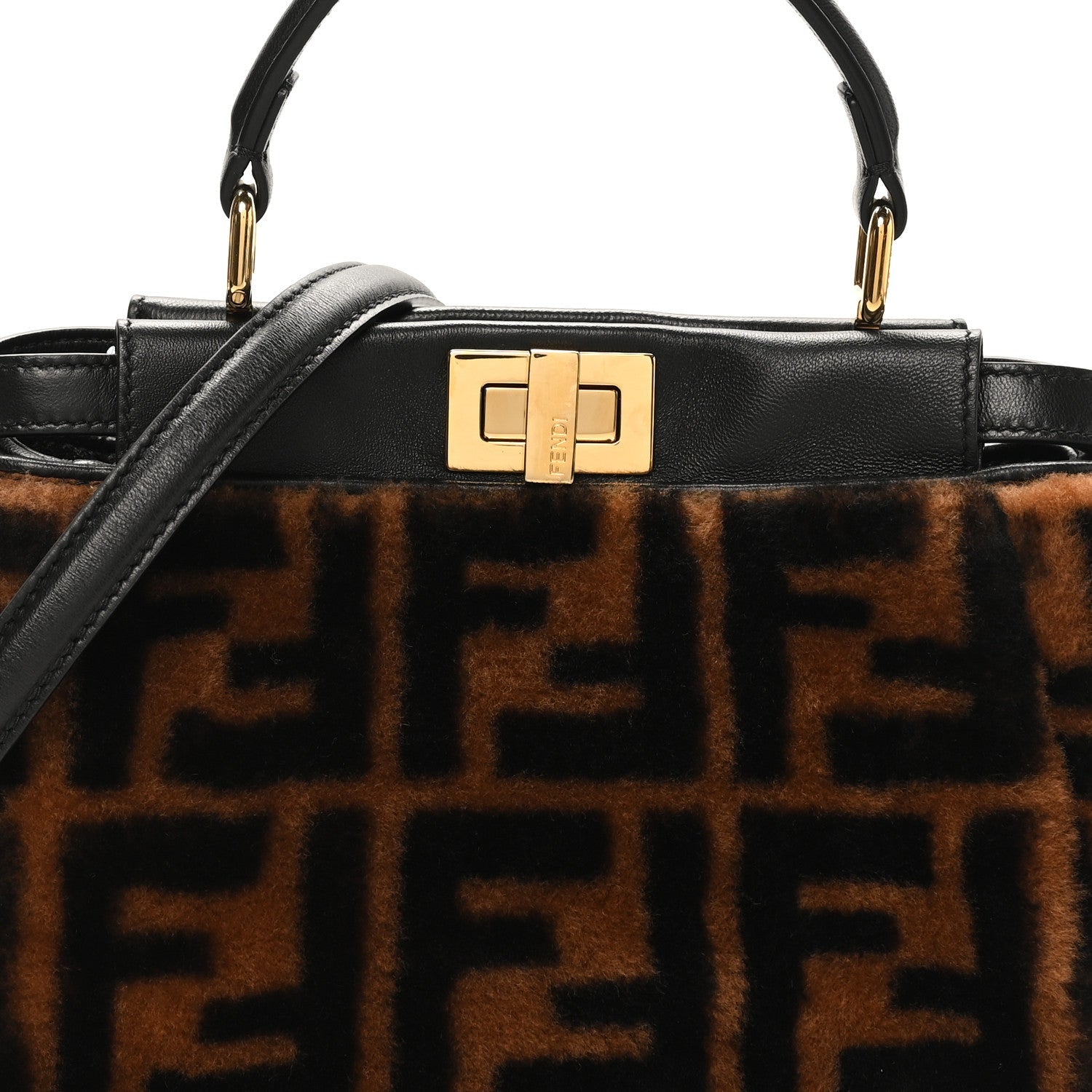 Shearling Nappa Macro FF 1974 Mini Peekaboo Iconic Satchel Tobacco Black