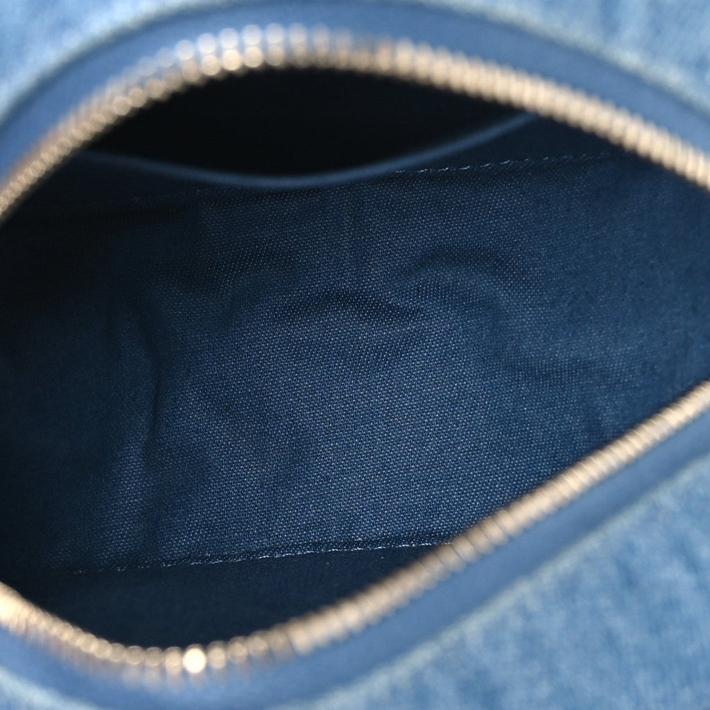 Denim Quilted Round Pearl Crush Clutch With Chain Blue