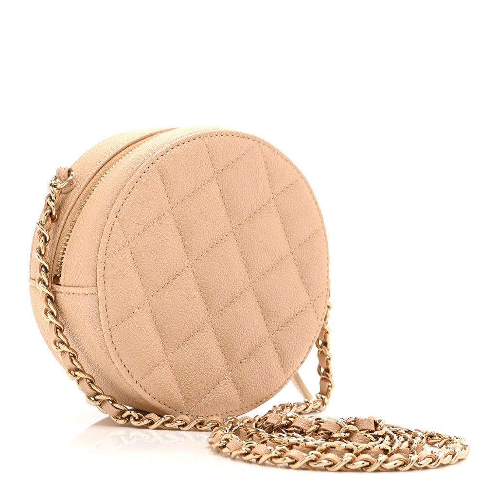 Iridescent Caviar Quilted Round Clutch With Chain Beige