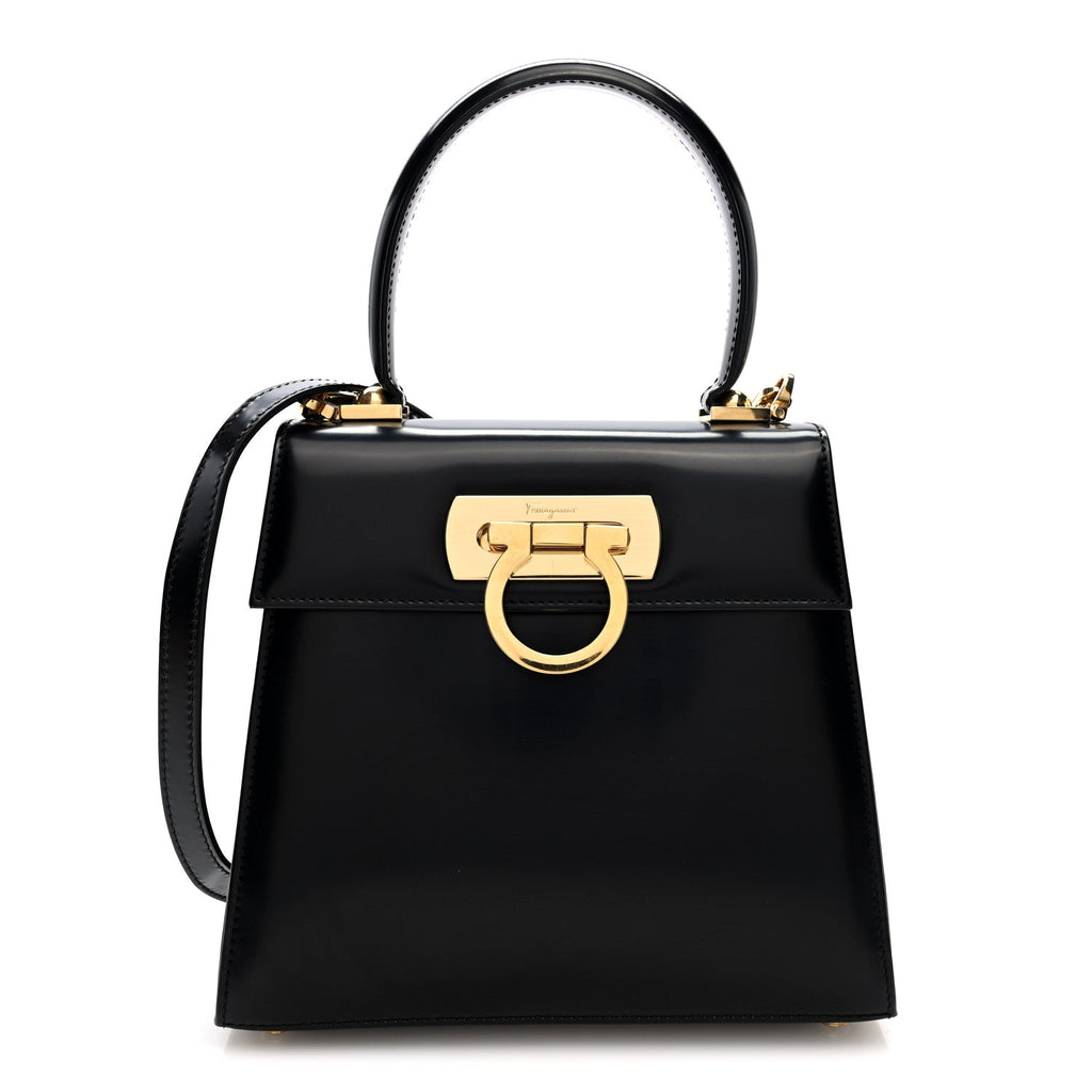 Hammered Calfskin Small Iconic Top Handle Bag Black