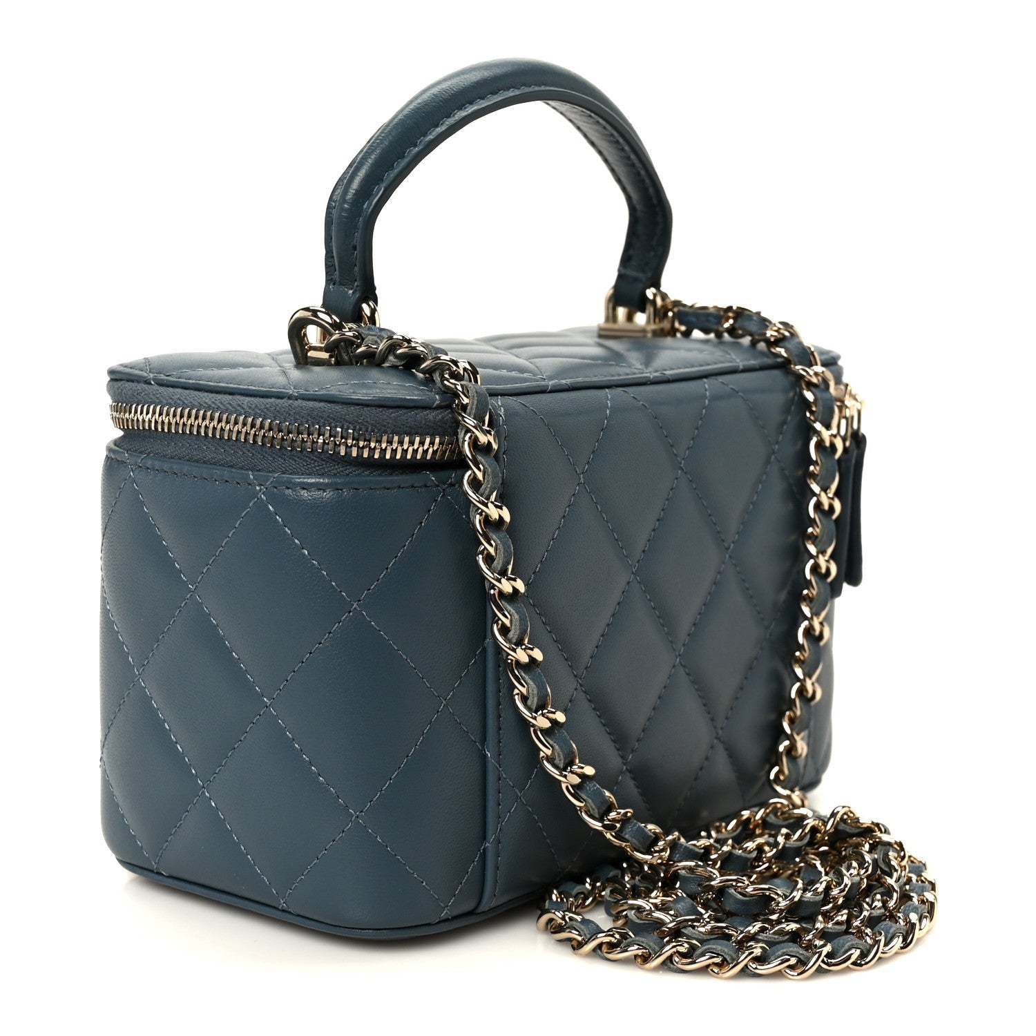 Lambskin Quilted Small Top Handle Vanity Case With Chain Blue