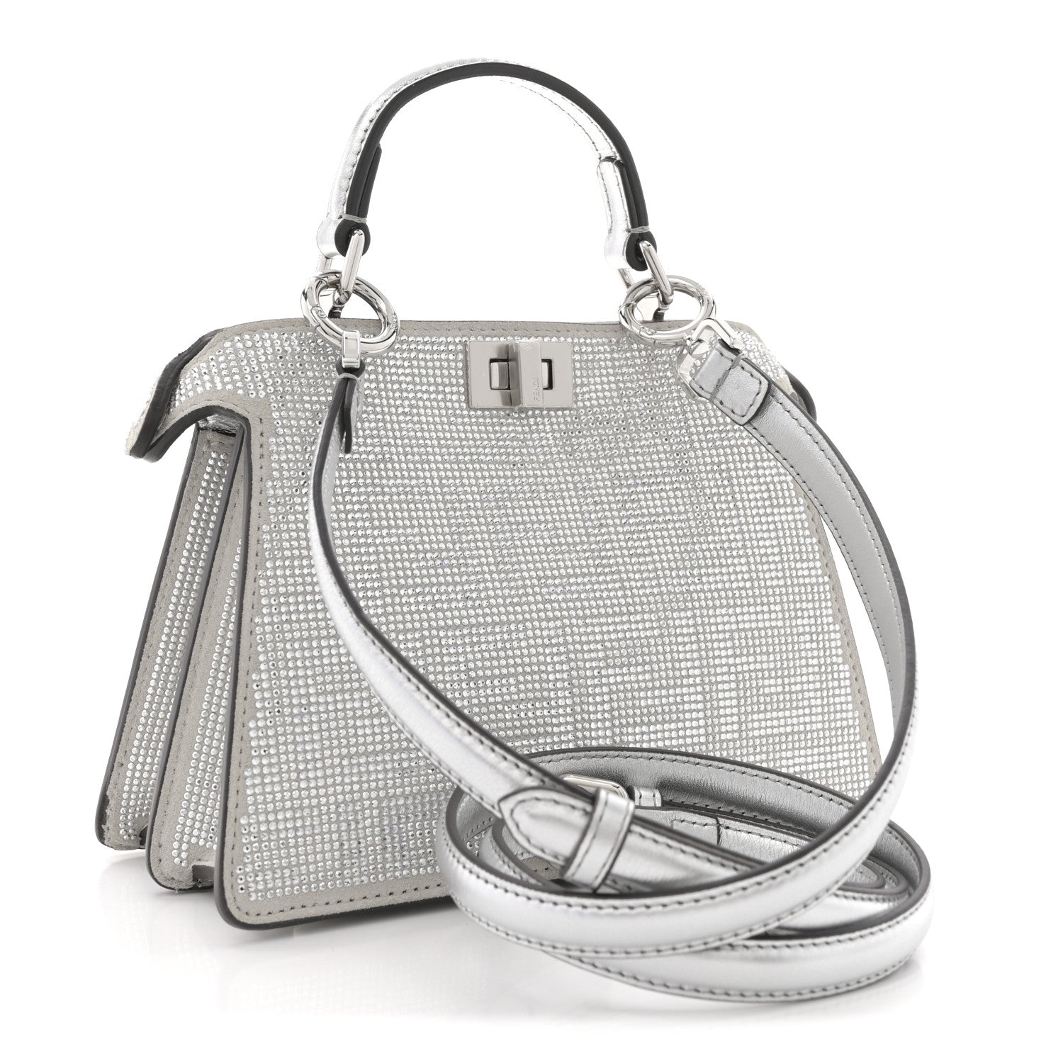 Crystal Vitello Laminato FF Petite Peekaboo I SEE U Satchel Crystal Argento