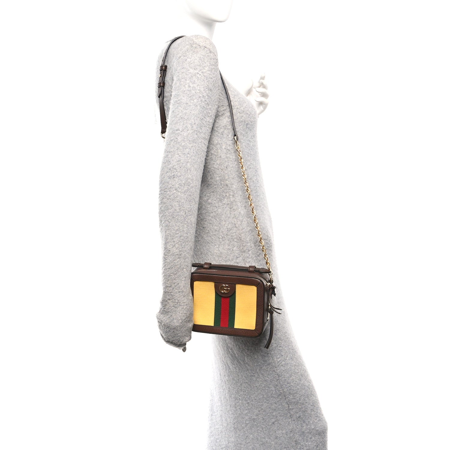 Canvas Textured Calfskin Web Mini Ophidia Top Handle Shoulder Bag Easy Yellow Dark Brown