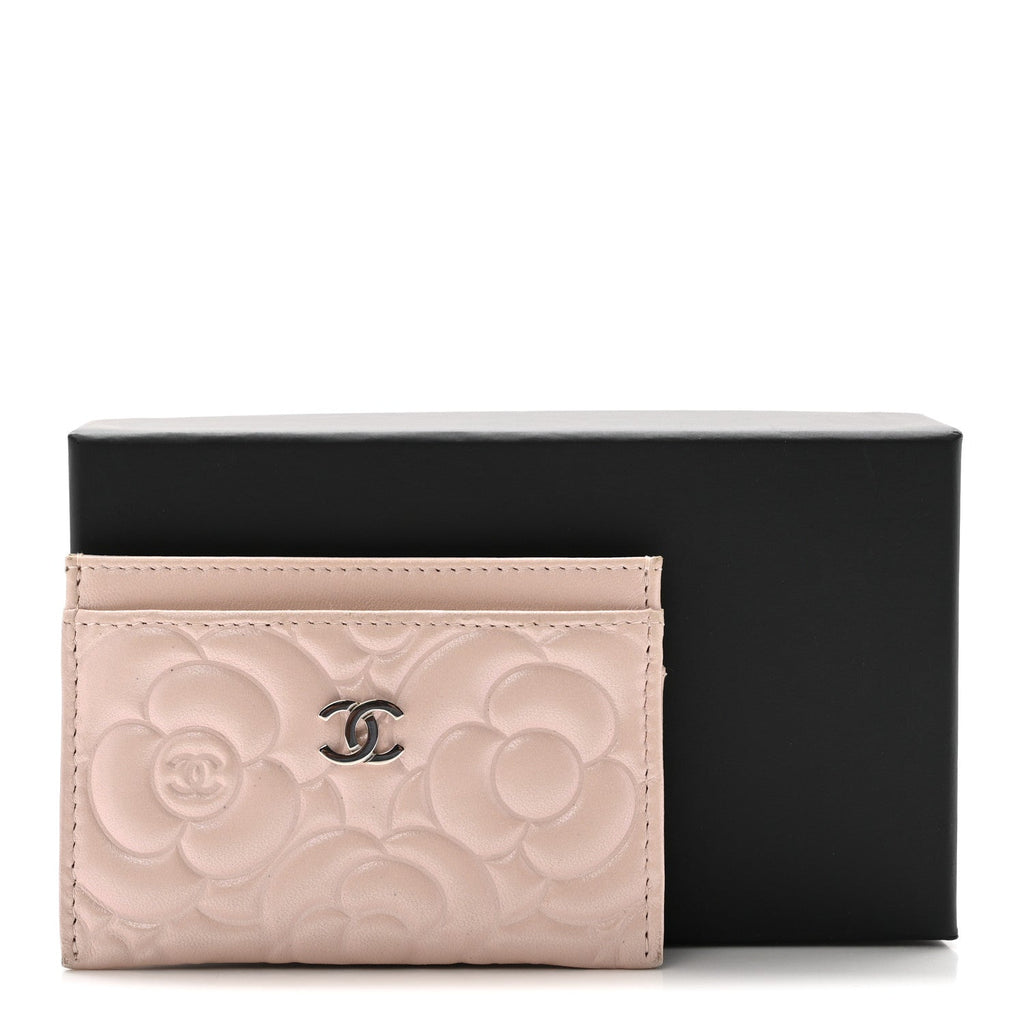 Iridescent Lambskin Camellia Embossed  Holder Light Pink