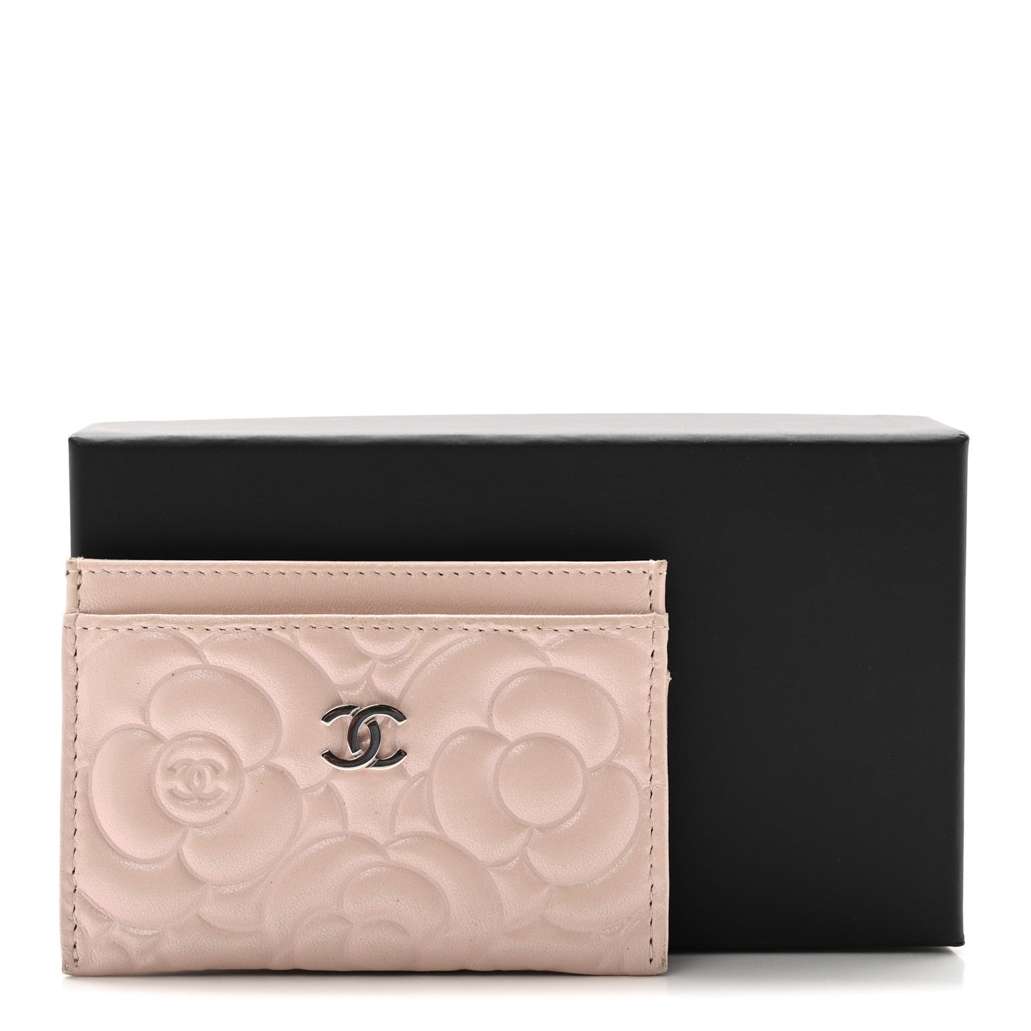 Iridescent Lambskin Camellia Embossed  Holder Light Pink
