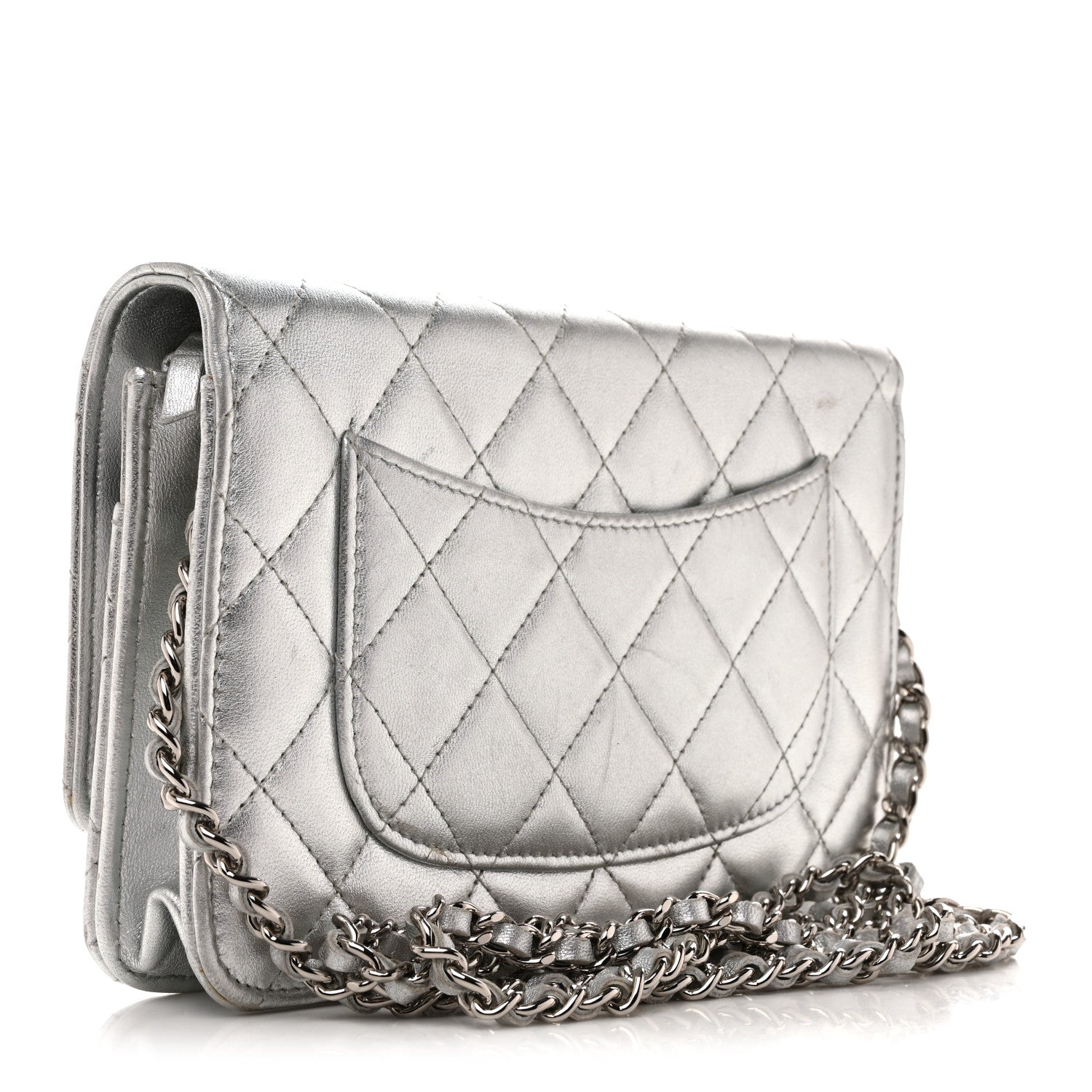Metallic Lambskin Quilted Wallet On Chain WOC Silver