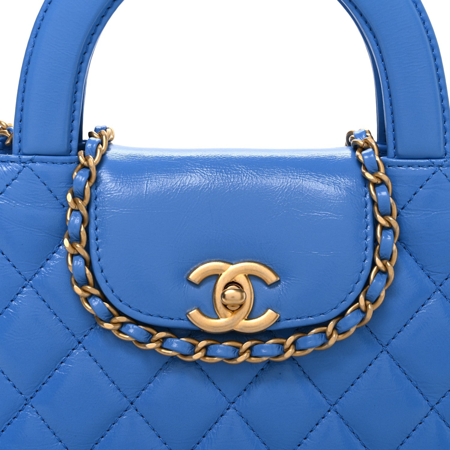 Shiny Aged Calfskin Quilted Nano Kelly Shopper Blue