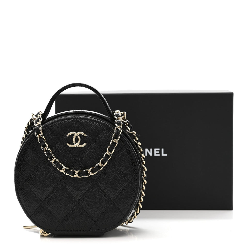 Caviar Quilted Round Handle With Care Vanity With Chain Black
