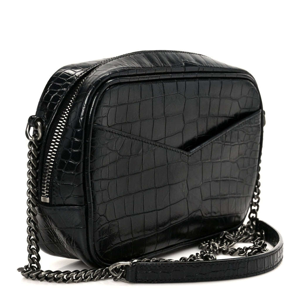 Calfskin Crocodile Embossed Monogram Mini Lou Camera Bag Black