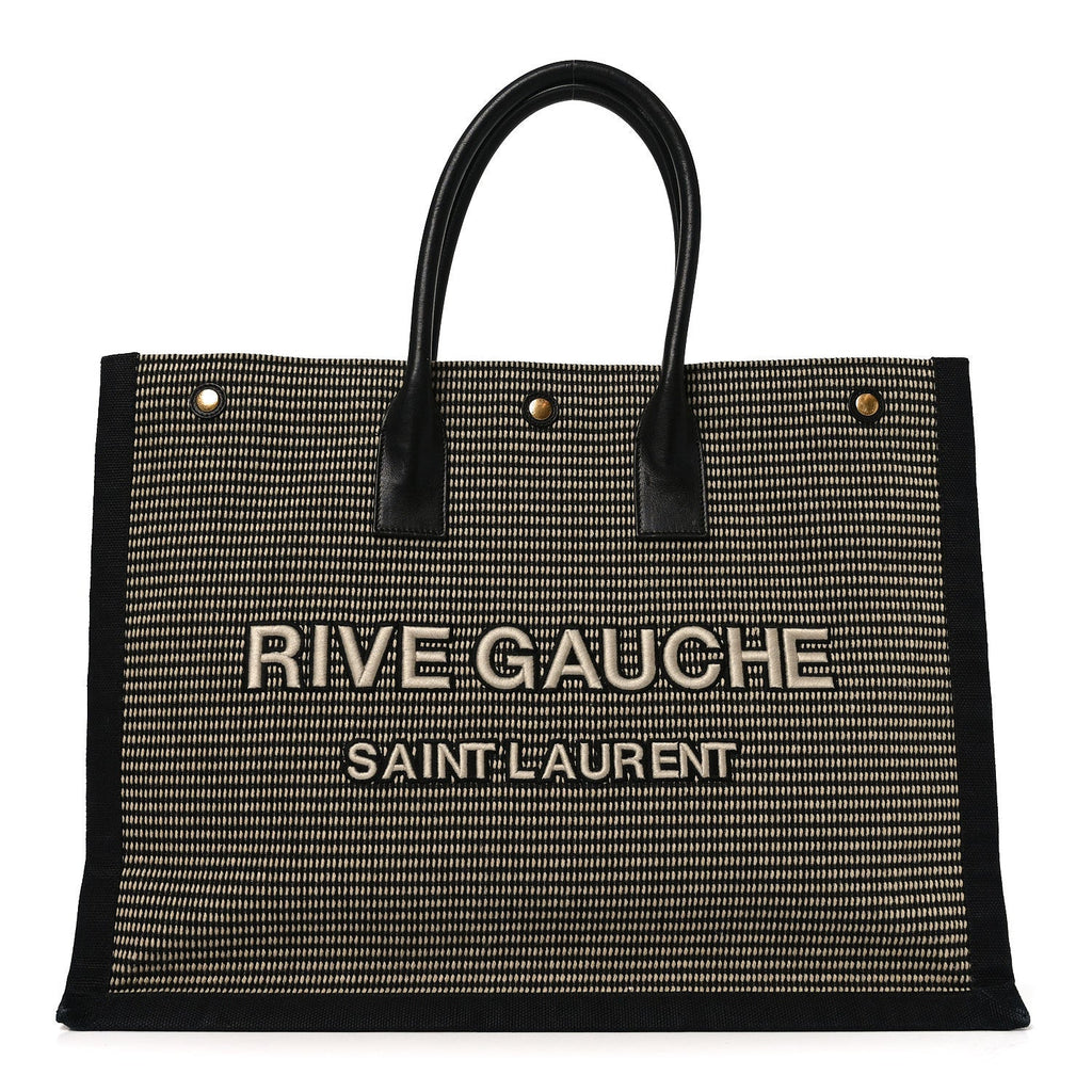 Embroidered Cotton Linen Rive Gauche Noe Tote Black Beige