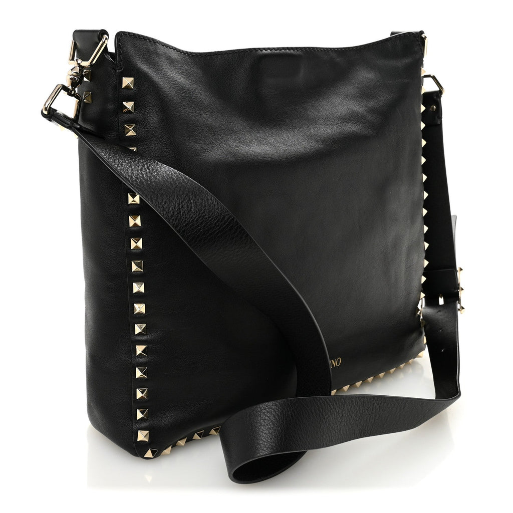 Vitello Calfskin Small Rockstud Flip-Lock Messenger Bag Black