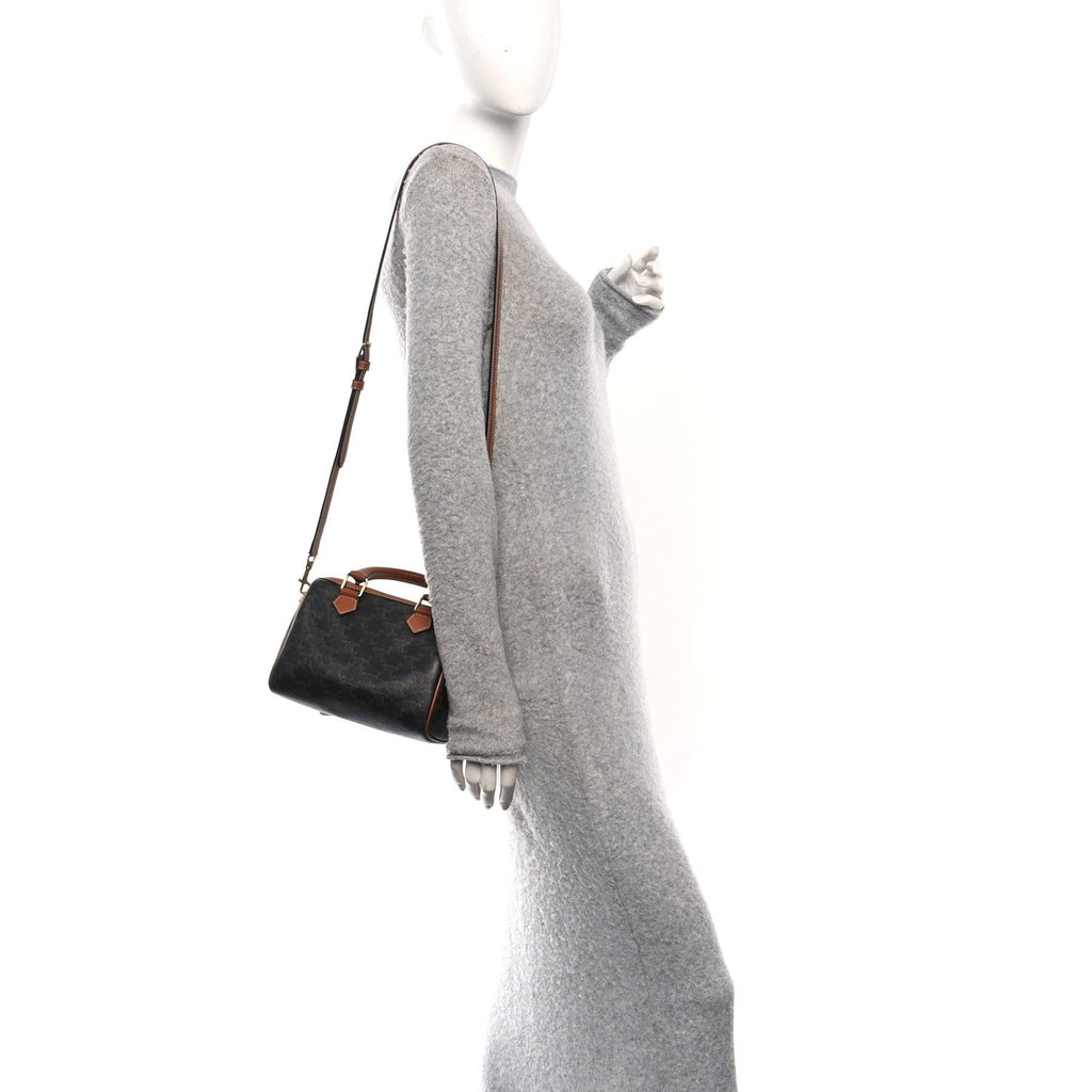 Triomphe Canvas Calfskin Small Boston Bag Tan