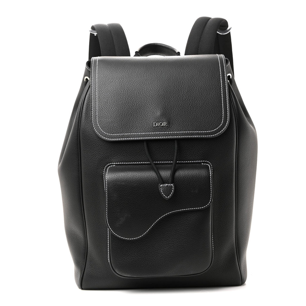 Grained Calfskin Saddle Drawstring Backpack Black