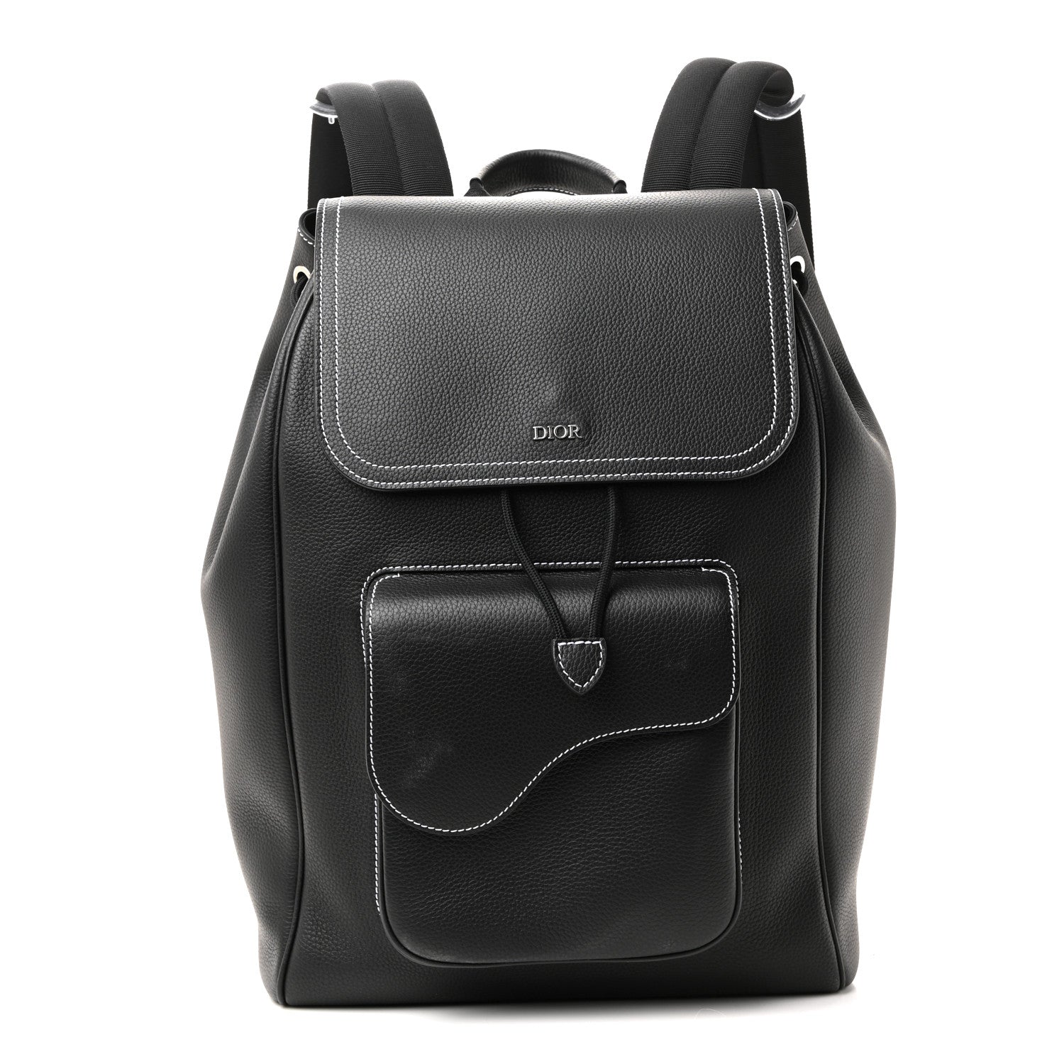 Grained Calfskin Saddle Drawstring Backpack Black