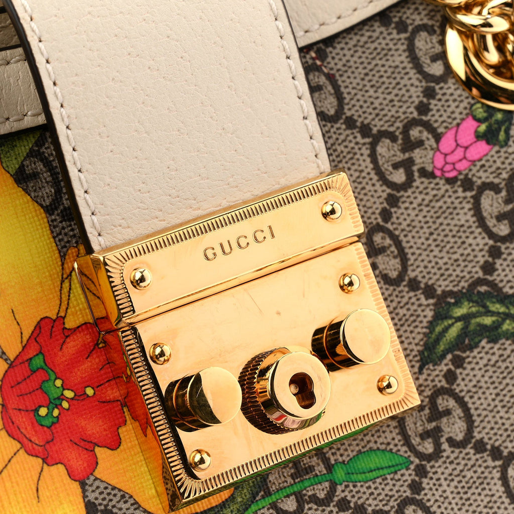GG Supreme Monogram Flora Textured Calfskin Small Padlock Tote Beige Ebony Multicolor Mystic White