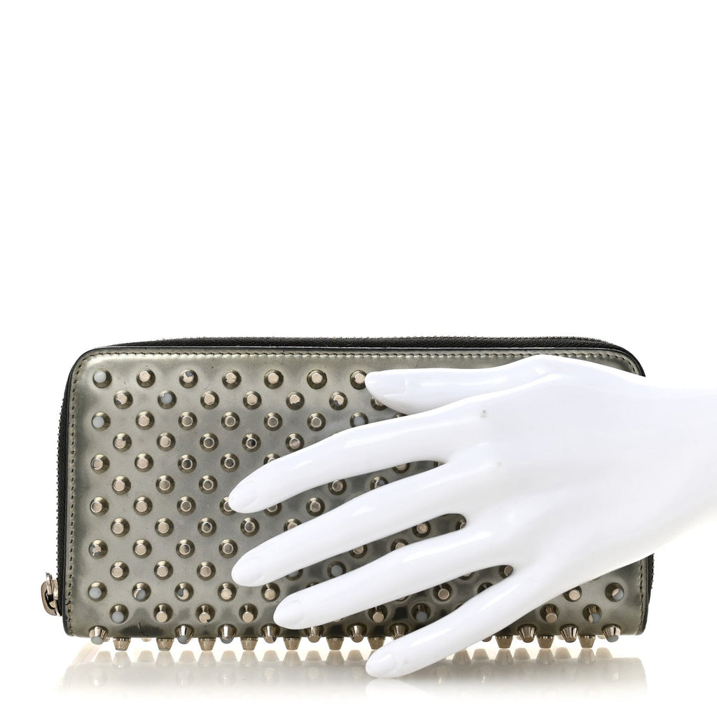 Metallic Patent Panettone Spiked Zip Around Wallet Silver