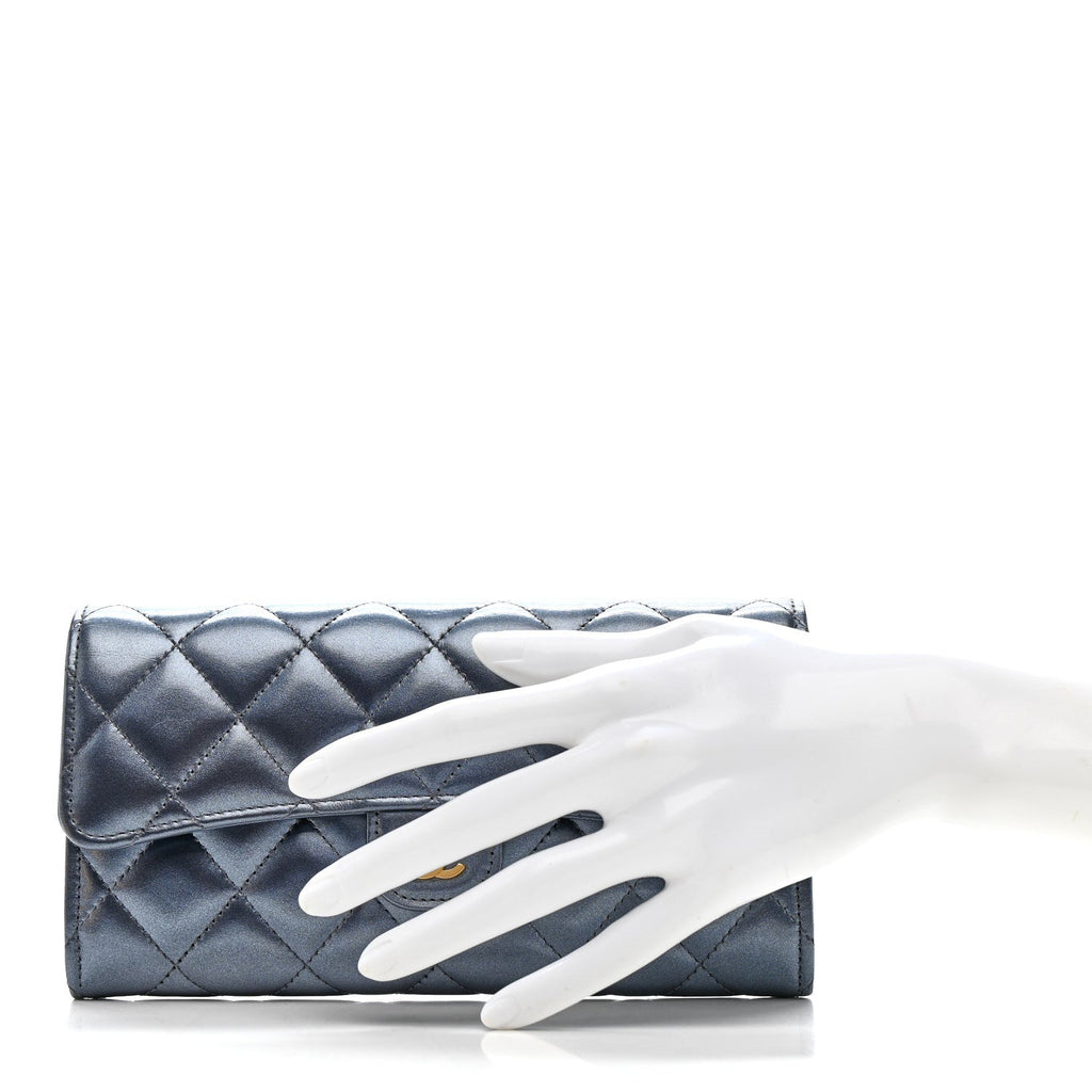 Metallic Lambskin Quilted Large Gusset Flap Wallet Dark Blue