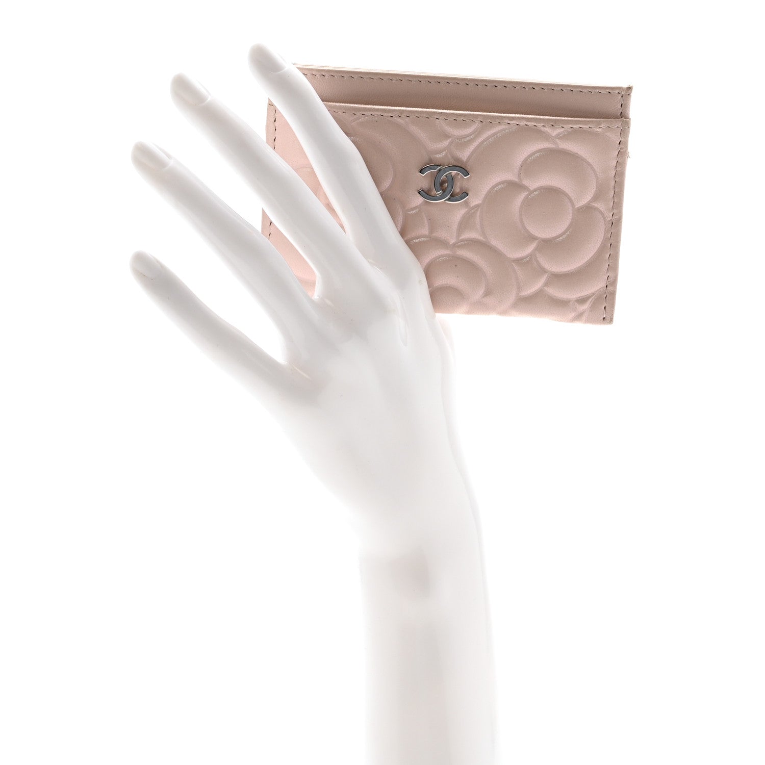 Iridescent Lambskin Camellia Embossed  Holder Light Pink