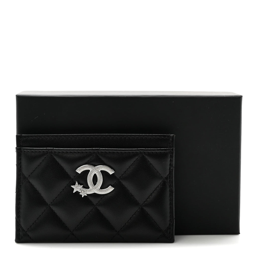 Lambskin Crystal Quilted Studded CC  Holder Black