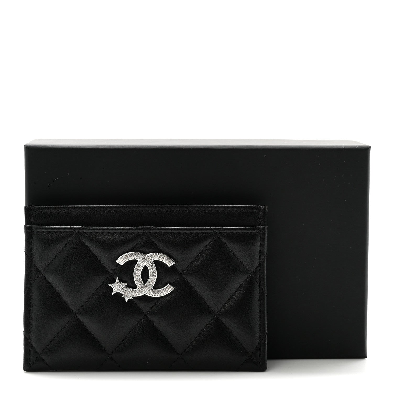 Lambskin Crystal Quilted Studded CC  Holder Black
