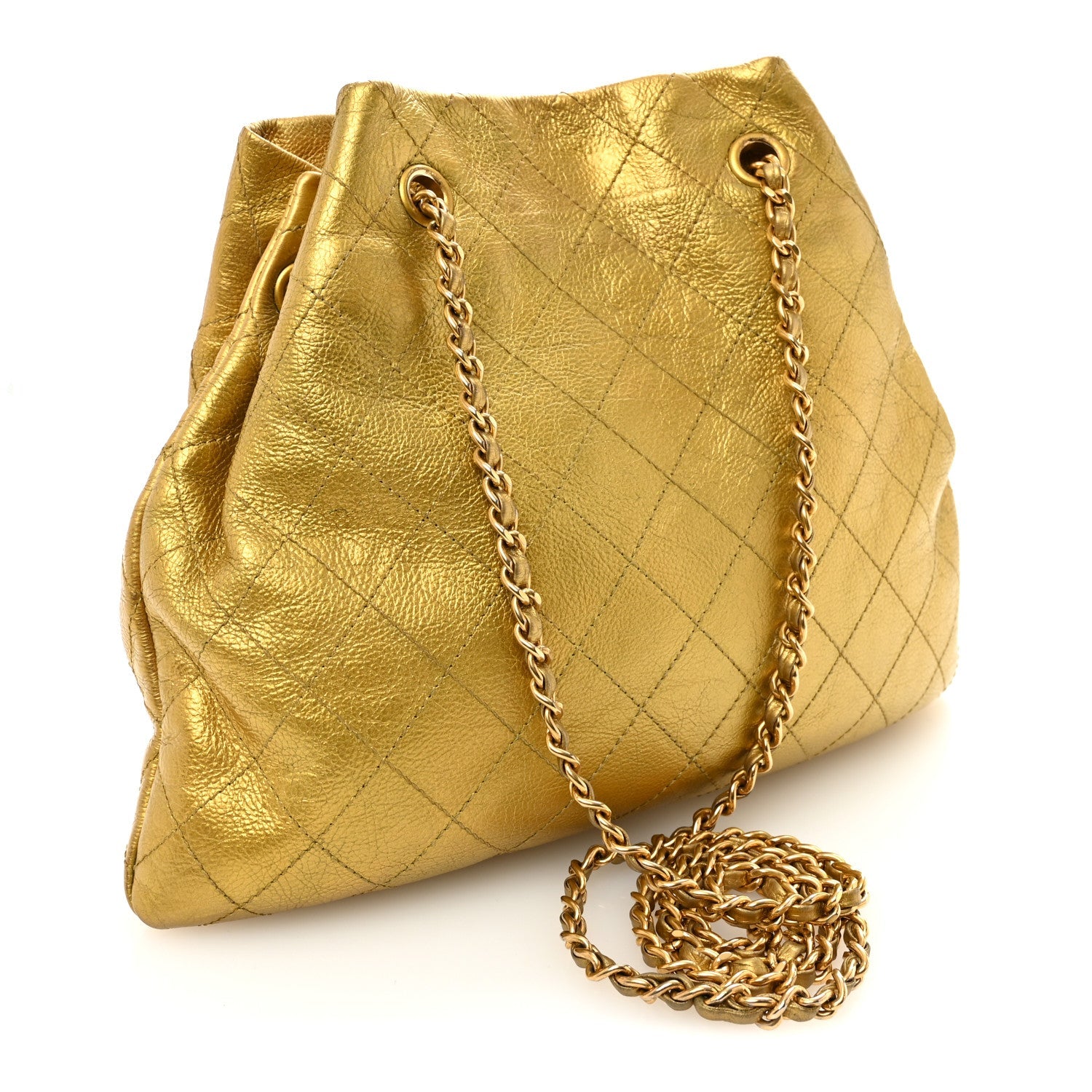 Metallic Calfskin Quilted Small Drawstring Bag Gold