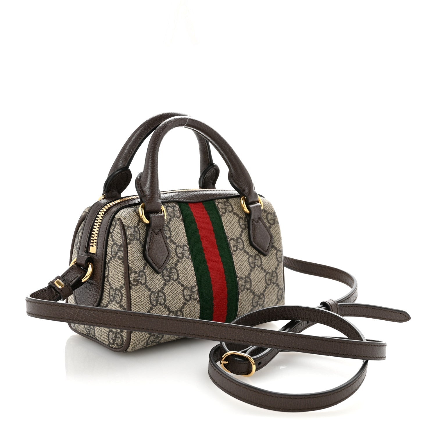 GG Supreme Monogram Textured Dollar Calfskin Web Super Mini Ophidia Top Handle Bowler Bag  Beige Ebony New Acero