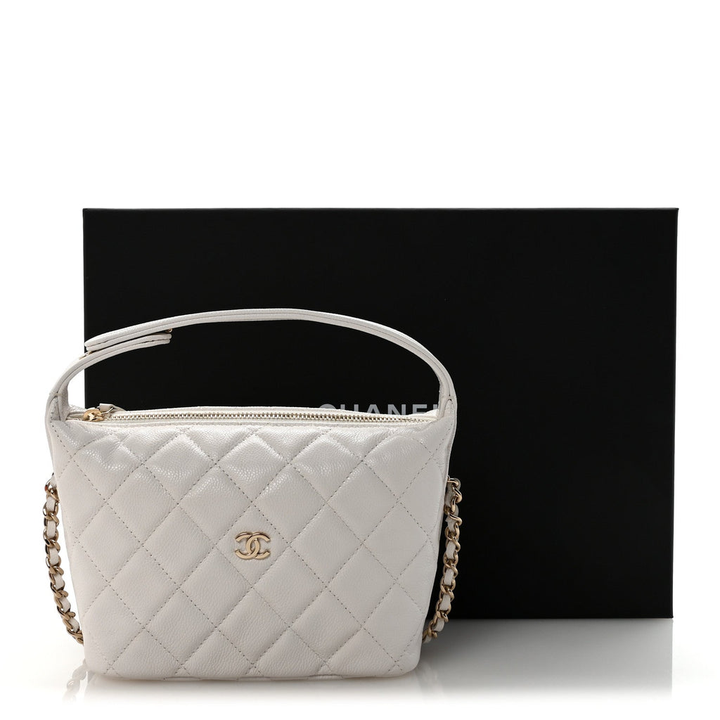 Caviar Quilted Hobo Clutch With Chain White