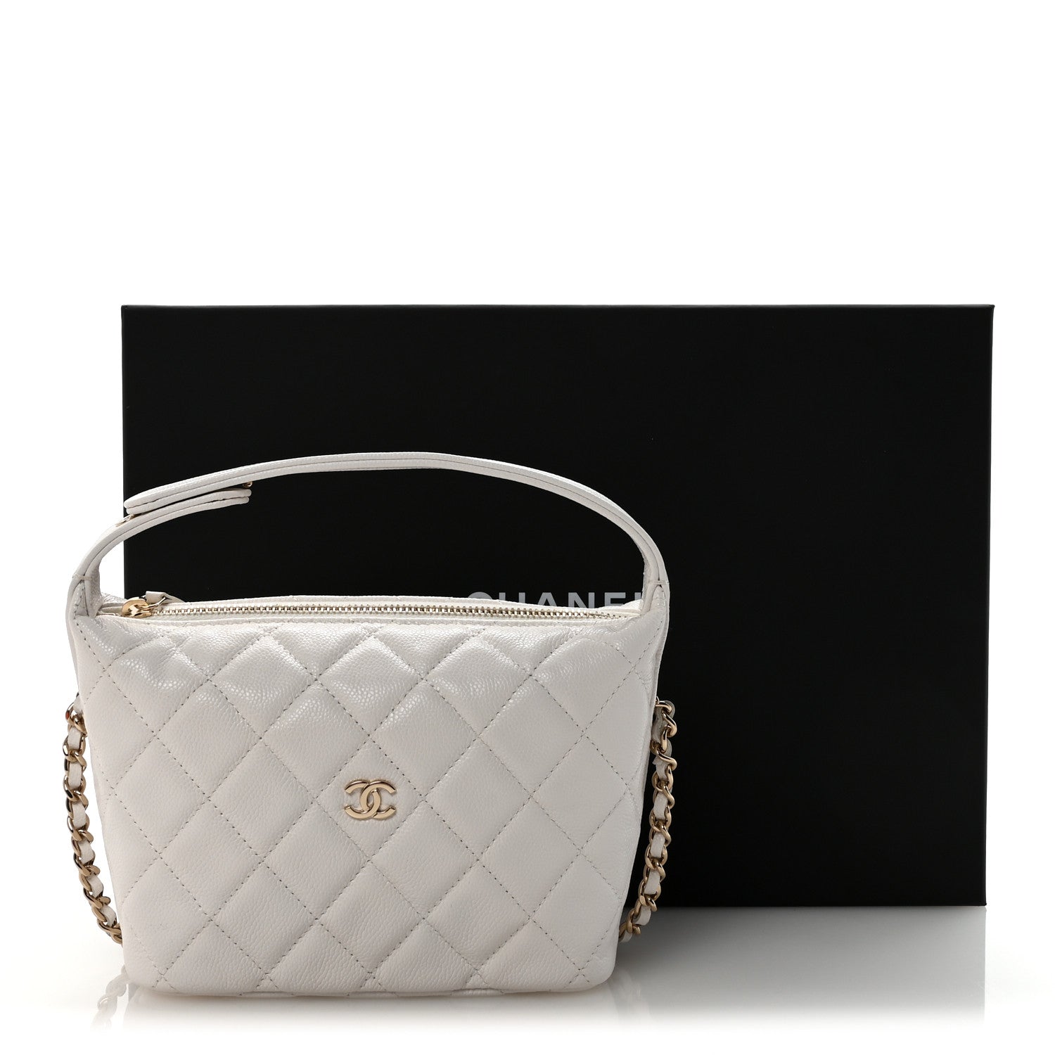 Caviar Quilted Hobo Clutch With Chain White