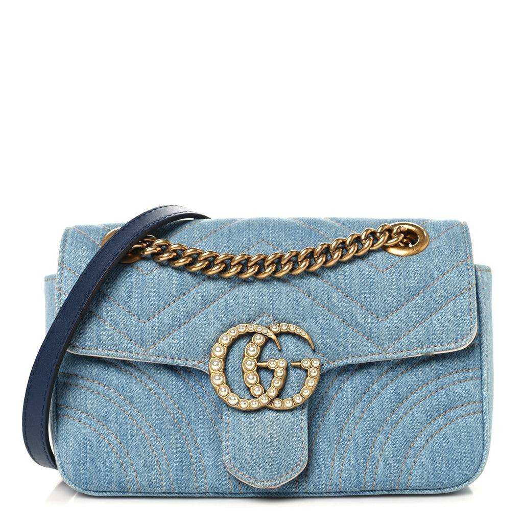 Denim Matelasse Mini Pearly GG Marmont Shoulder Bag Blue