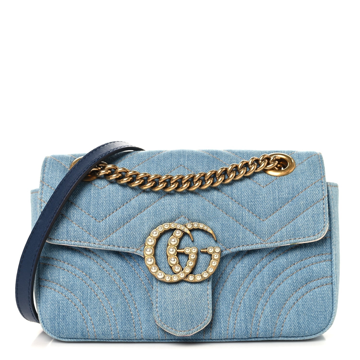 Denim Matelasse Mini Pearly GG Marmont Shoulder Bag Blue