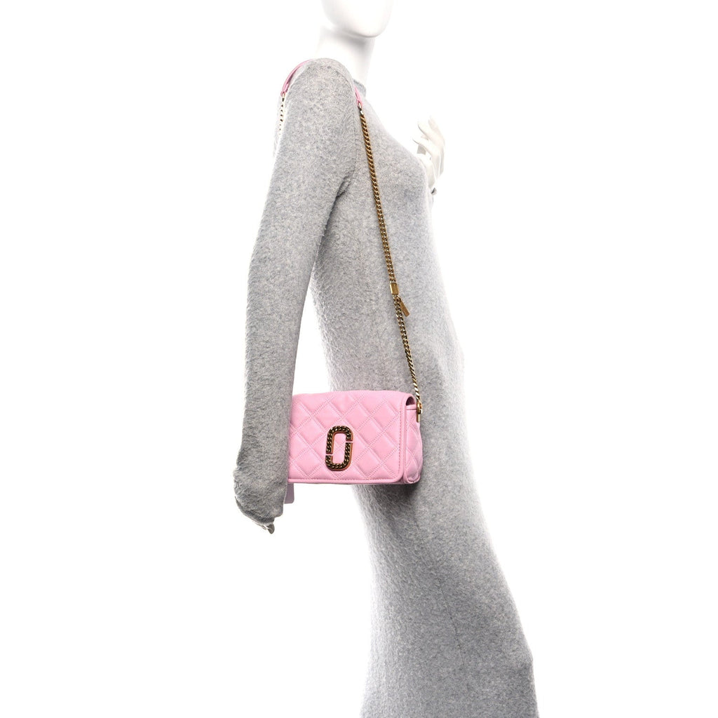 Grained Calfskin Quilted Double Stitched Small The Status Shoulder Bag Pink
