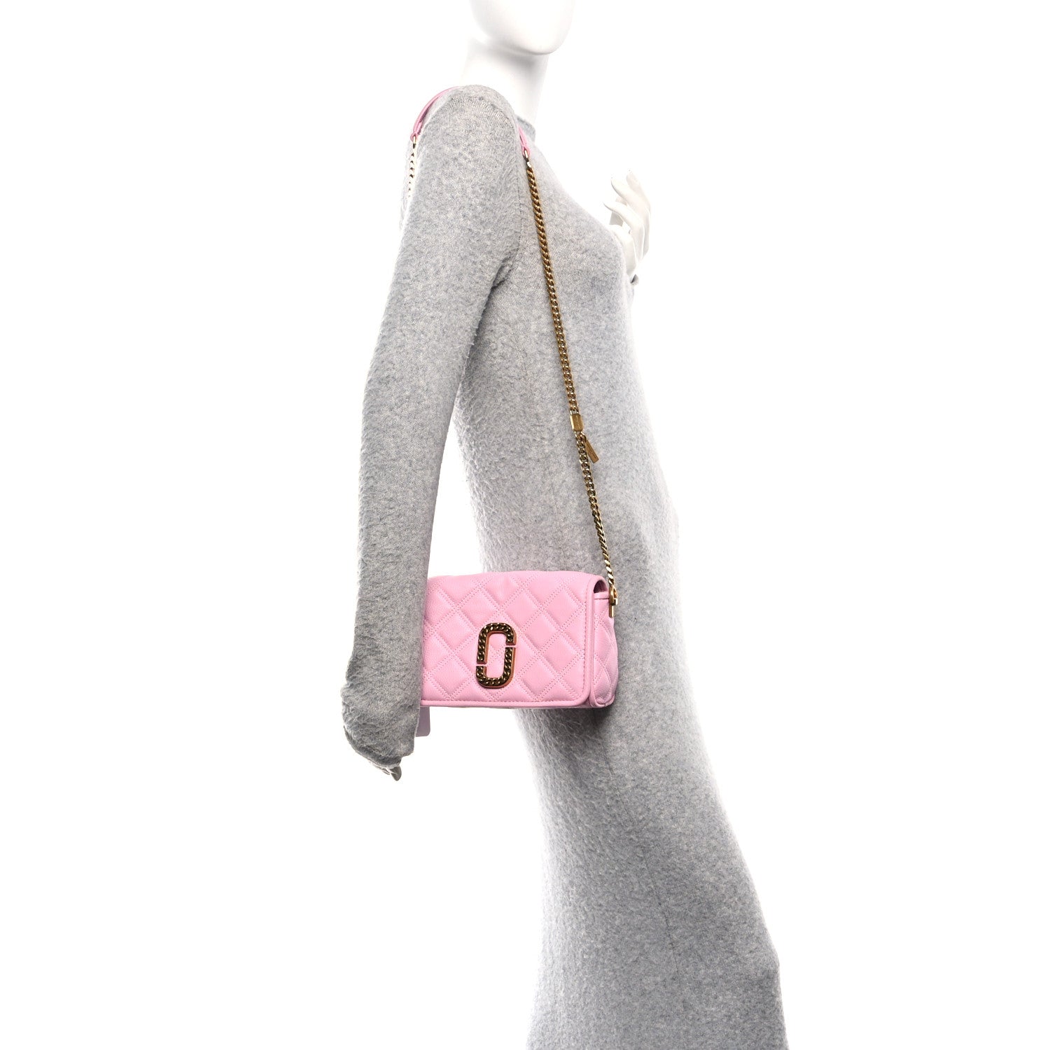 Grained Calfskin Quilted Double Stitched Small The Status Shoulder Bag Pink