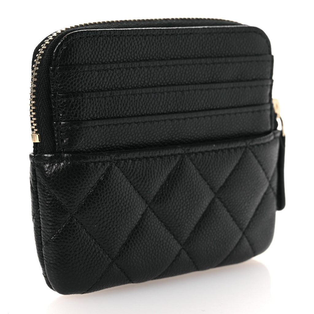 Caviar Quilted Zip  Holder Wallet Black