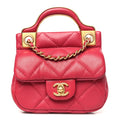 Calfskin Quilted Lady Handle Flap  Holder With Chain Dark Pink