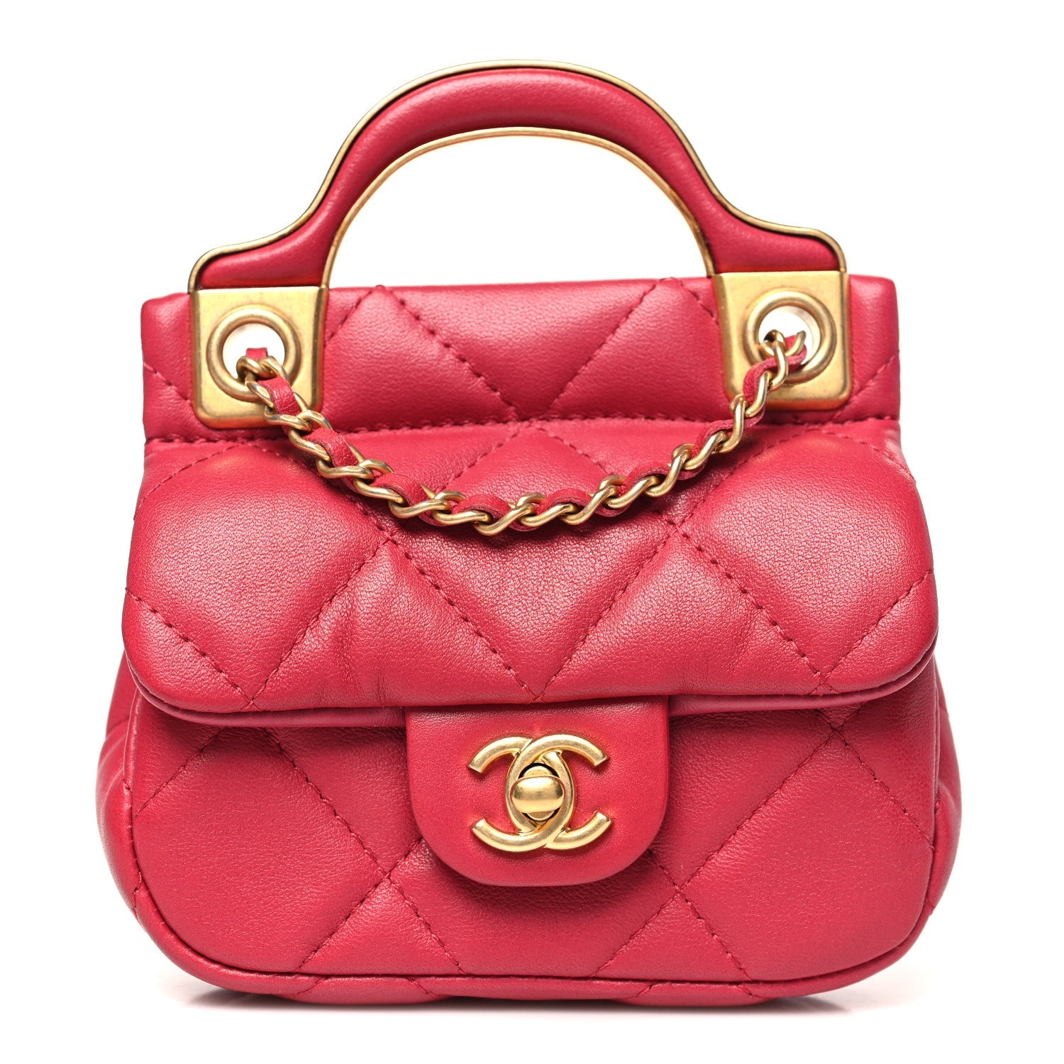 Calfskin Quilted Lady Handle Flap  Holder With Chain Dark Pink