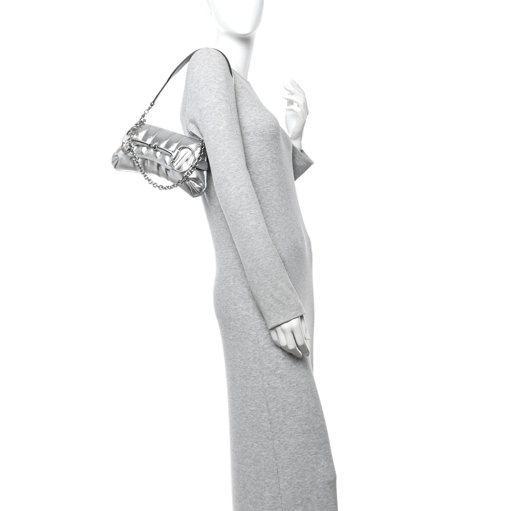 Metallic Nappa Vertical Matelasse Small Maxi Horsebit Chain Shoulder Bag Silver