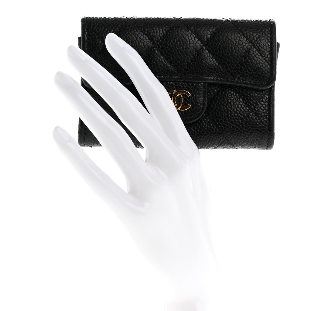 Caviar Quilted Flap  Holder Wallet Black