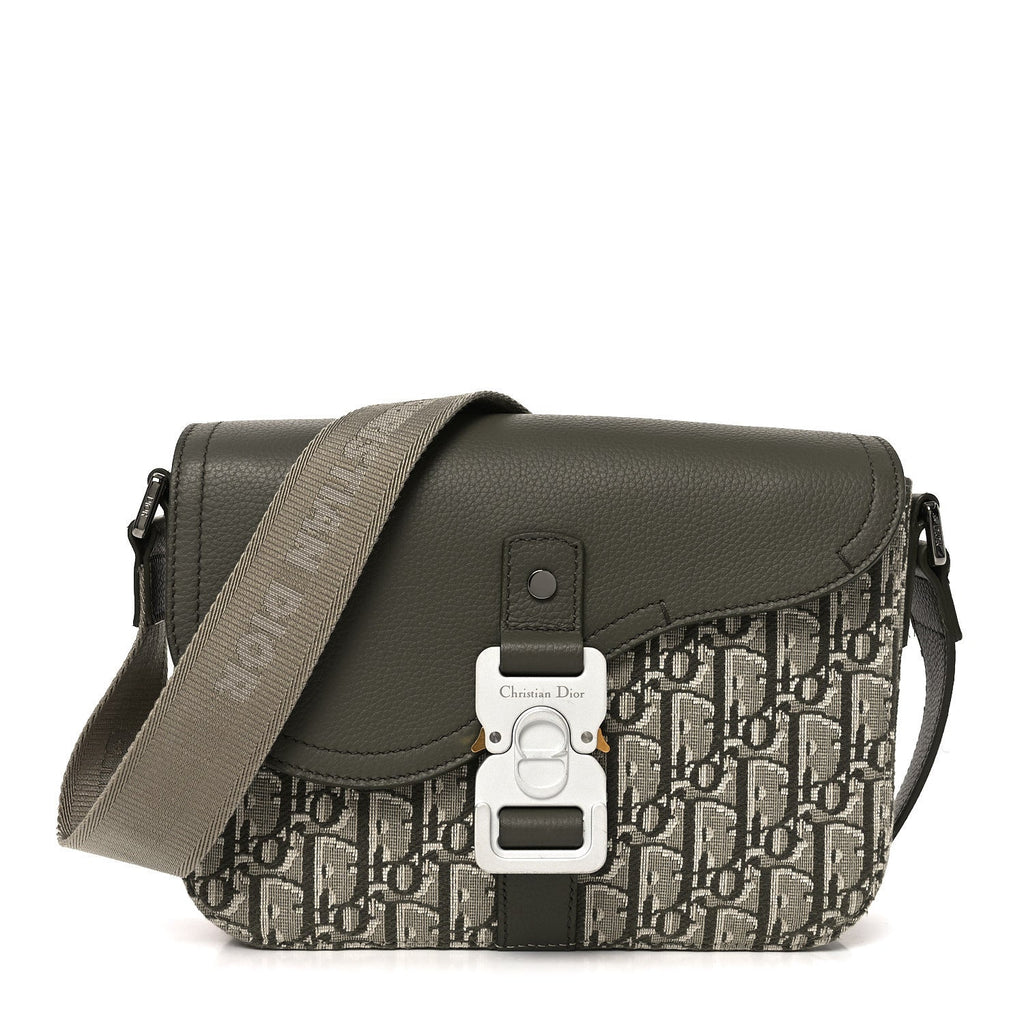 Oblique Jacquard Grained Calfskin Small Saddle Messenger Bag With Flap Green