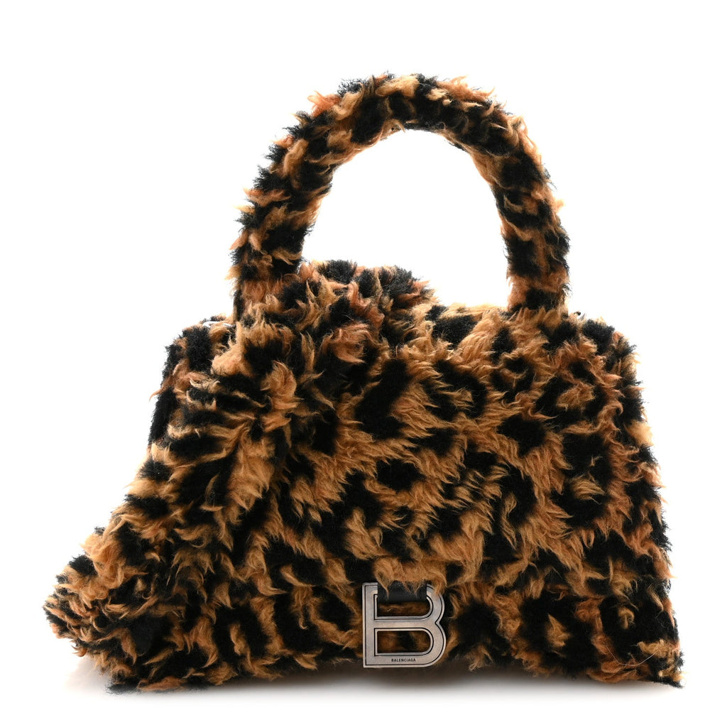 Fleece Leopard Print Small Hourglass Top Handle Bag Brown